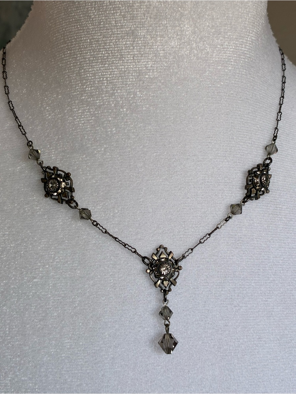 Vintage Silver Filigree Drop Necklace - Gray Crystal Accents - Picture 2 of 5